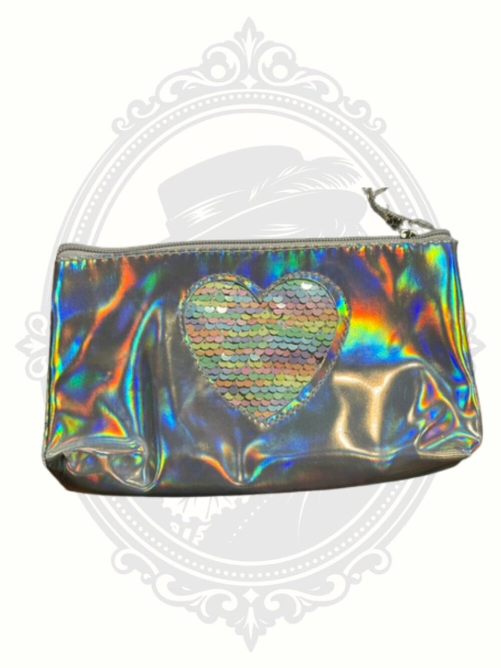 Y2K Silver Holographic Makeup Bag Reversible Sequin Heart Cosmetic Pouch